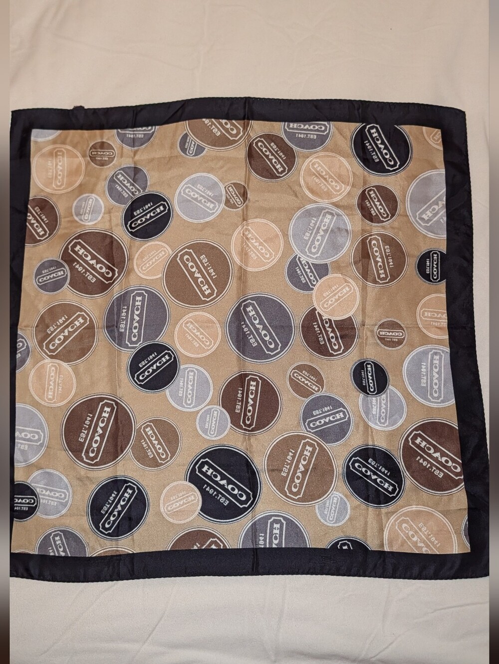 COACH Logo Circles Print Silk Scarf 21"  Tan  Brown GUC - Picture 2 of 7